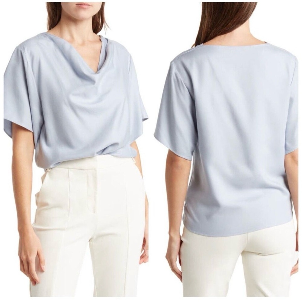 Vince Pale Blue Cowl Neck Draped V-Neck Blouse